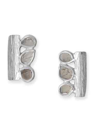 Polki Diamond Stud Earrings with Three Stones Rhodium on Sterling Silver