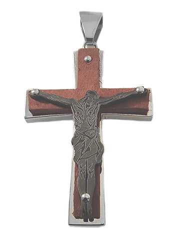 Crucifix Wood Cross Pendant Stainless Steel