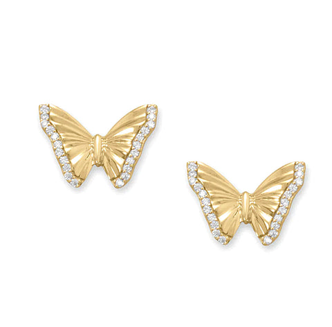 Butterfly Stud Earrings with Cubic Zirconia Accents 14k Gold-plated Silver