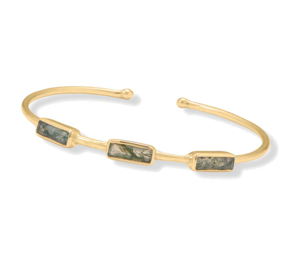 Moss Agate Three-stone Cuff Bracelet 14k Gold-plated Silver