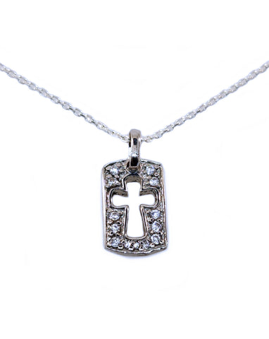 Childrens Cross Tag Necklace with Cubic Zirconia Sterling Silver 14-inch Chain