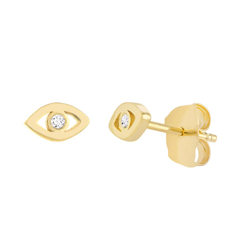 Evil Eye Stud Earrings 14k Yellow Gold with Diamond Accent