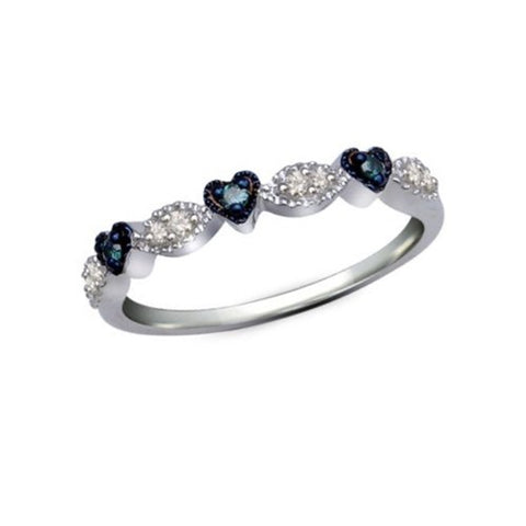 Blue Diamond Hearts Band Ring 1/8 CTW Rhodium on Sterling Silver 11 Diamonds