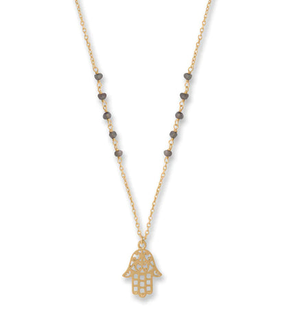 Hamsa Hand Necklace with Labradorite Beads 14k Gold-plated Silver