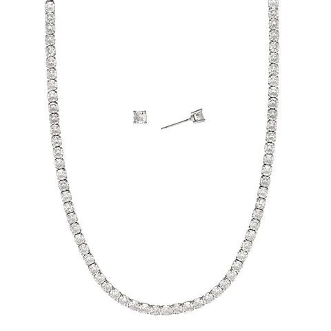 Cubic Zirconia Fashion Necklace and Stud Earring Set Silver Tone