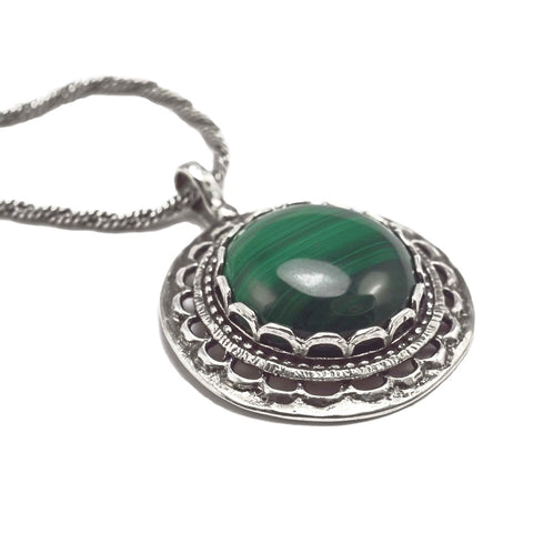 Green Malachite Necklace With Antiqued Rope Chain Sterling Silver