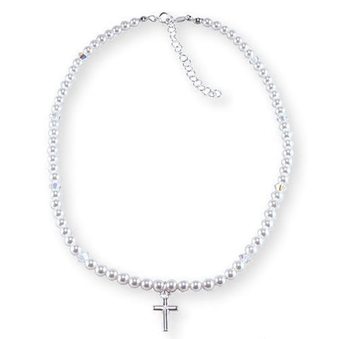 Childs Cross Necklace Sterling Silver Made with Swarovski(R) Crystals and Imitation Pearls