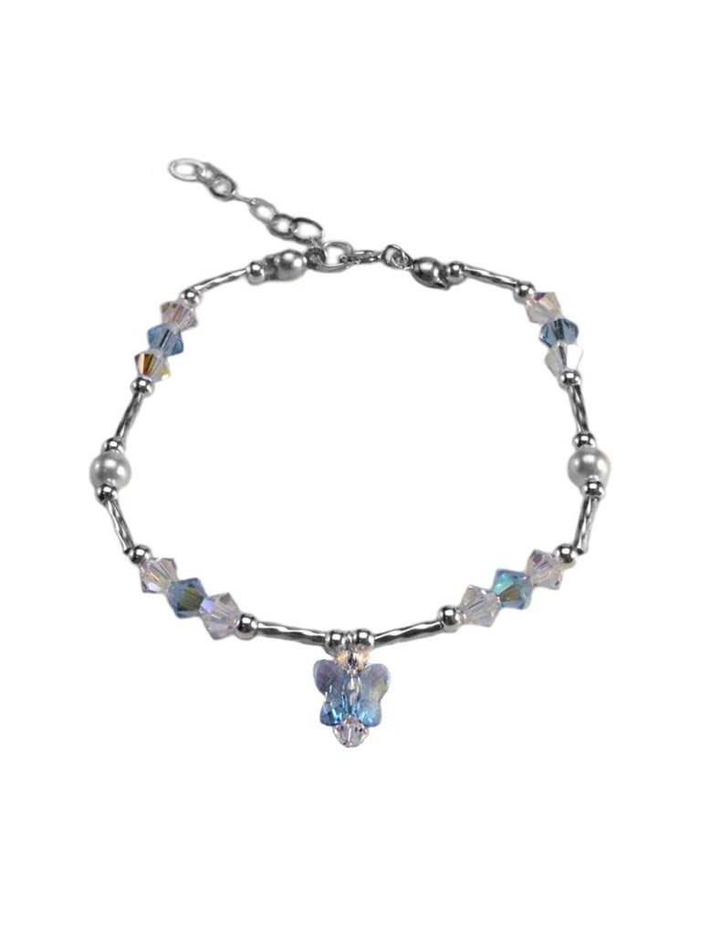 Blue Butterfly Childs Charm Bracelet Made with High Quality Crystals and Imitation Pearls