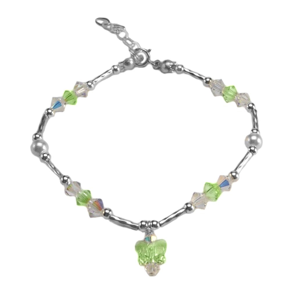 Green Butterfly Childrens Charm Bracelet Made with Crystals and Imitation Pearls