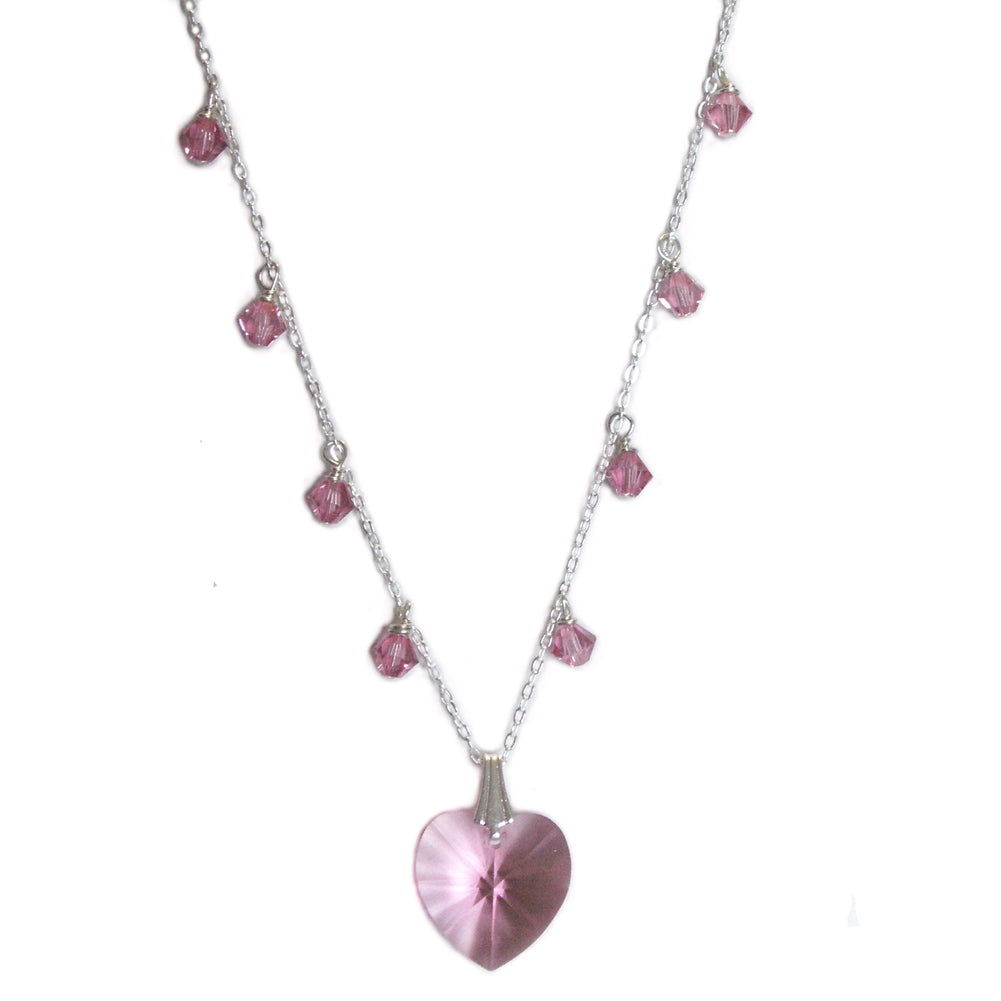 Pink Crystal Heart Necklace Sterling Silver Adjustable