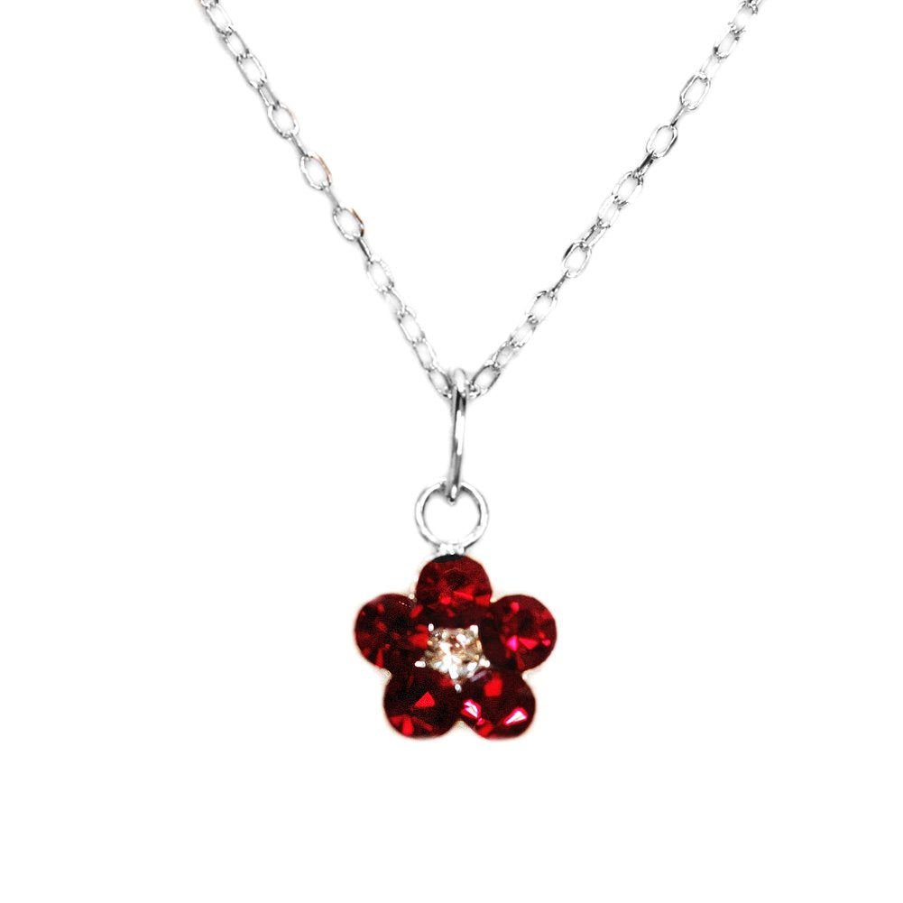 Flower Necklace Made with Swarovski(R) Crystals in Sterling Silver Siam Red