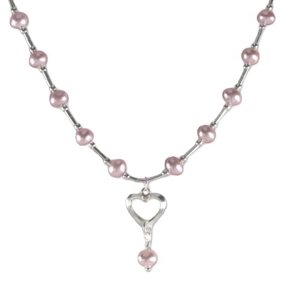 Pink Cultured Freshwater Pearl Necklace with Heart Drop Sterling Silver