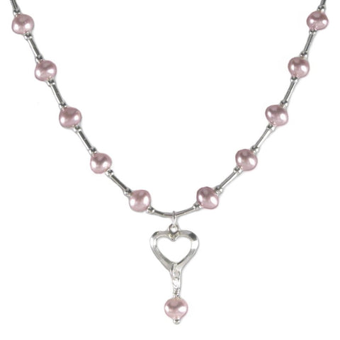 Pink Cultured Freshwater Pearl Necklace with Heart Drop Sterling Silver