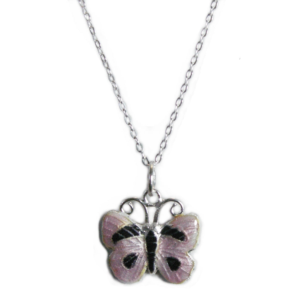 Lilac Butterfly Necklace Cloissone and Sterling Silver 16-inch Chain