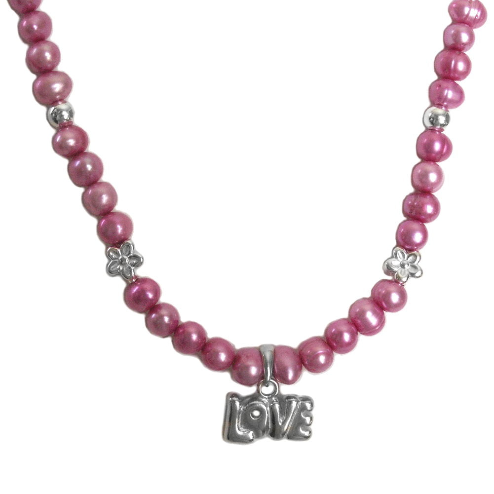 Hot Pink Dyed Cultured Freshwater Pearl Necklace LOVE Pendant Sterling Silver