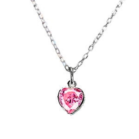 Pink Heart Necklace Cubic Zirconia and Sterling Silver 13-inch Length