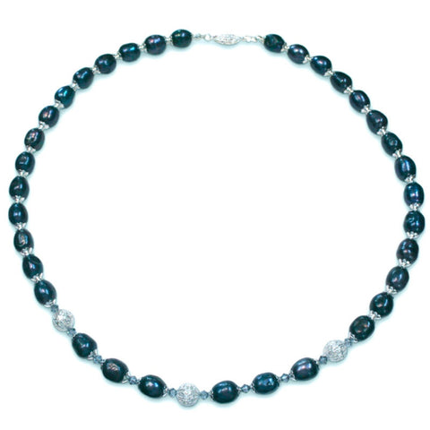 Dark Blue Dyed Cultured Freshwater Pearl Necklace Fine Silver Plate