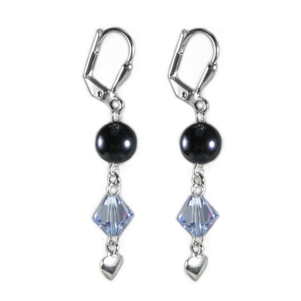 Blue Swarovski(R) Crystals and Imitation Pearl Earrings Lever Backs Heart Charm
