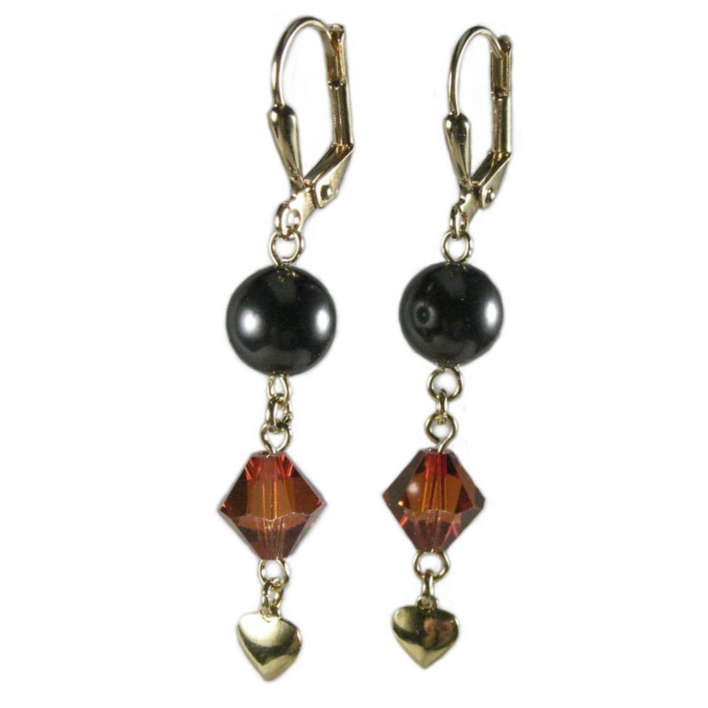 Red and Black Earrings with Crystals, Imitation Pearls, and Heart Charm