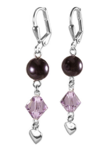 Purple Drop Earrings Made with Swarovski(R) Crystals and Pearls Heart Charm Drop