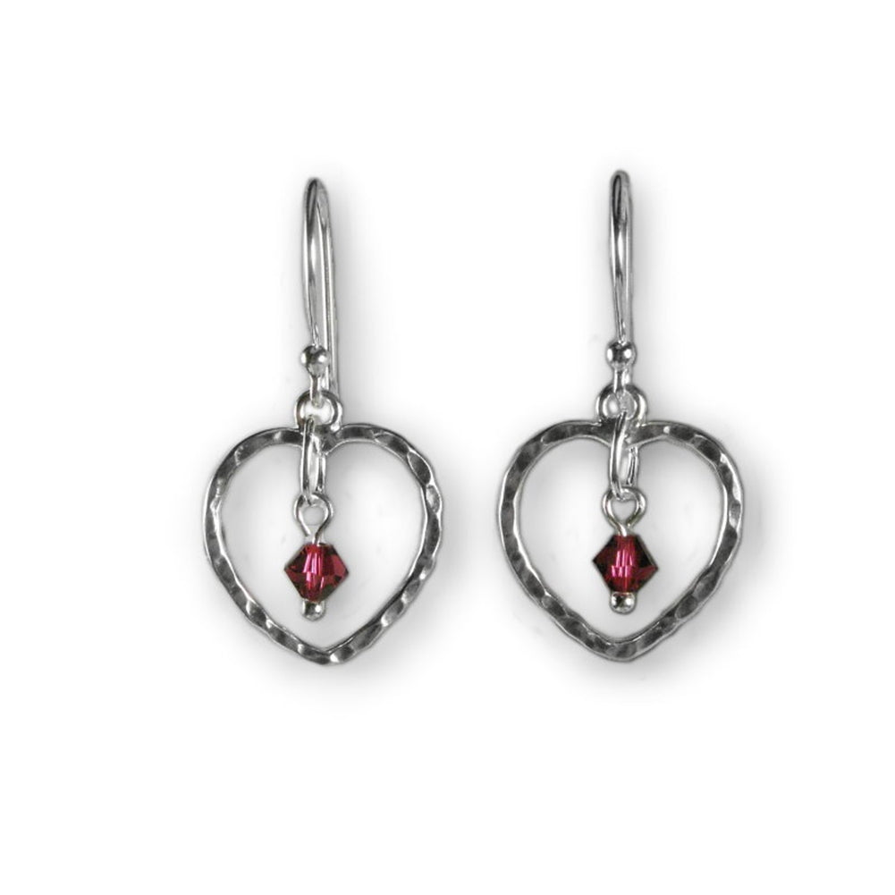 Heart Earrings with Red Swarovski(R) Crystal Drops Hammered Sterling Silver