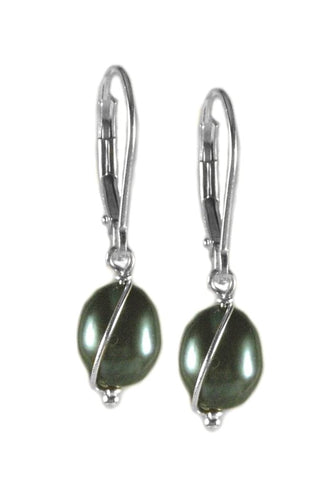 Dyed Green Cultured Freshwater Pearl Earrings Sterling Silver with Wire Wrap