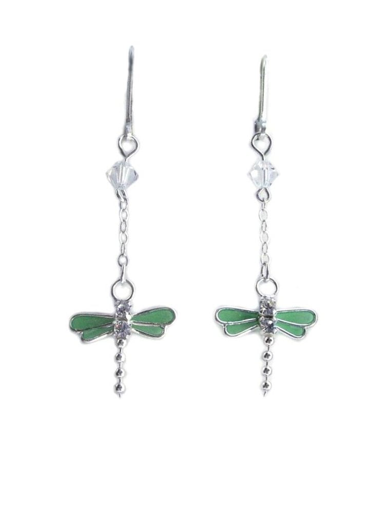 Green Dragonfly Dangle Earrings Made with Swarovski(R) Crystals - Tail Moves