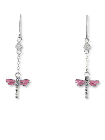 Pink Dragonfly Dangle Earrings with Crystals