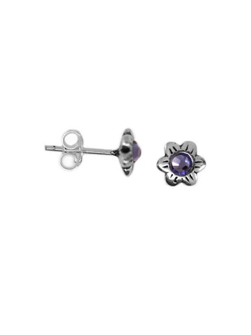 Daisy Post Stud Earrings with Crystal Purple Sterling Silver