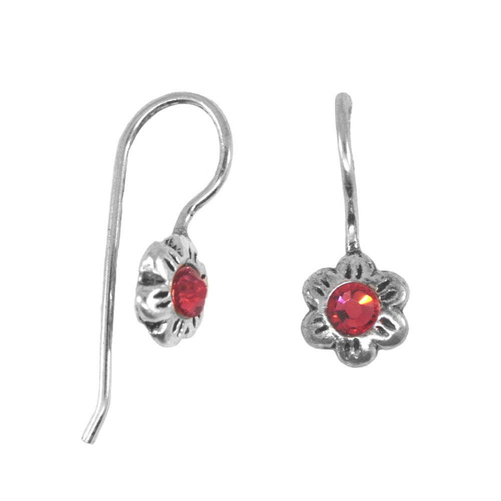 Flower Earrings with Pink Crystal Center Sterling Silver