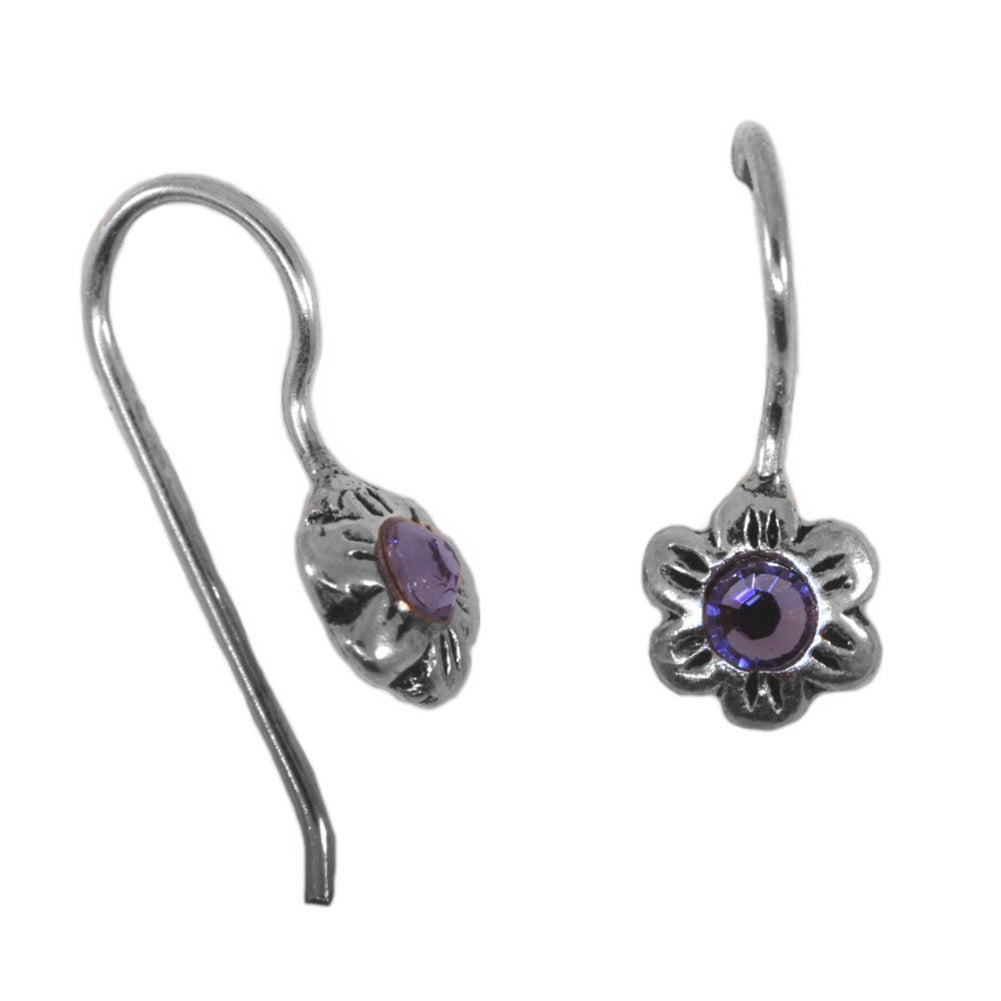 Flower Earrings Purple Crystal Rhinestone Center Sterling Silver