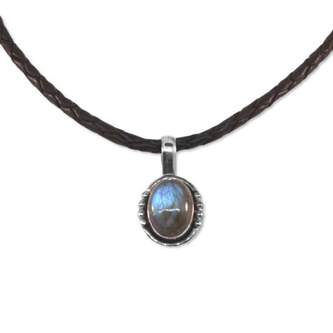 Braided Black Leather Necklace with Labradorite Pendant