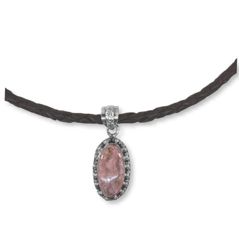 Braided Black Leather Necklace with Pink Rhodochrosite Pendant