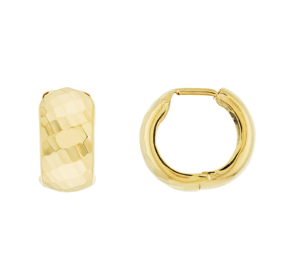 14k Yellow Gold Huggie Hoop Earrings with Flashy Textured Basketweave Polished Finish