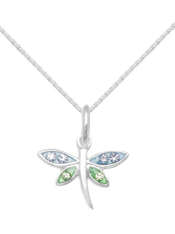 Small Dragonfly Necklace with Crystals Sterling Silver