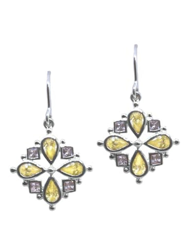 Yellow and Lilac Cubic Zirconia Flower Design Earrings Sterling Silver