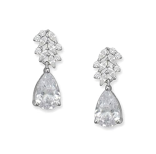 Sparkling Cluster Drop Earrings Pear Cubic Zirconia Rhodium on Silver