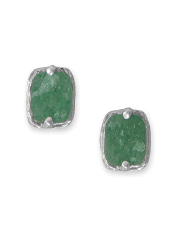 Green Aventurine Stud Earrings Rectangle Shape Rhodium on Sterling Silver