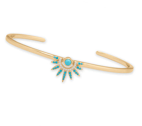 14k Gold-plated Silver Sun Ray Cuff Bracelet with Synthetic Turquoise and Cubic Zirconia