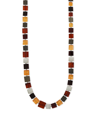 Baltic Amber, Black Oak Wood, and Sterling Silver Square Bead Necklace