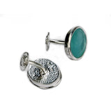 Ancient Roman Glass Sterling Silver Cuff Links Oval Shape Aqua Glass