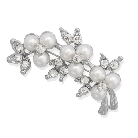 Flower Branch Fashion Pin with Crystals and Simulated Pearls