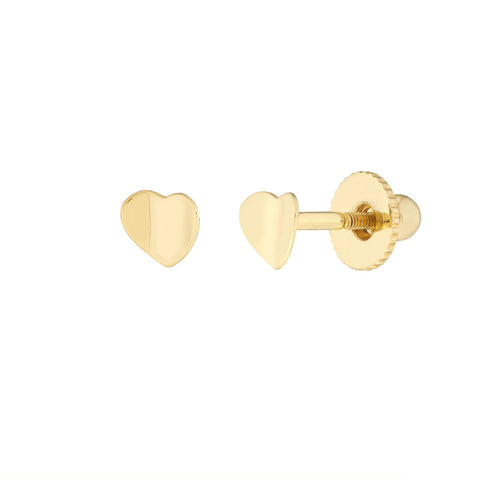 14k Yellow Gold Concave Small Heart Stud Earrings with Screw Back