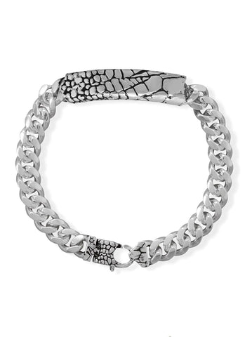 Mens Lizard Skin Pattern ID Curb Chain Bracelet 8.5-in Sterling Silver