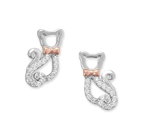 Kitty Cat with Bow Tie Stud Earrings Rhodium ad Rose Gold-plated Silver with Cubic Zirconia
