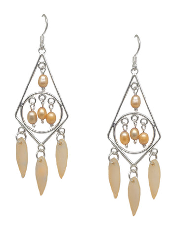 Peach Chandelier Earrings with Dyed Cultured Freshwater Pearls and Shell Dangles Sterling Silver