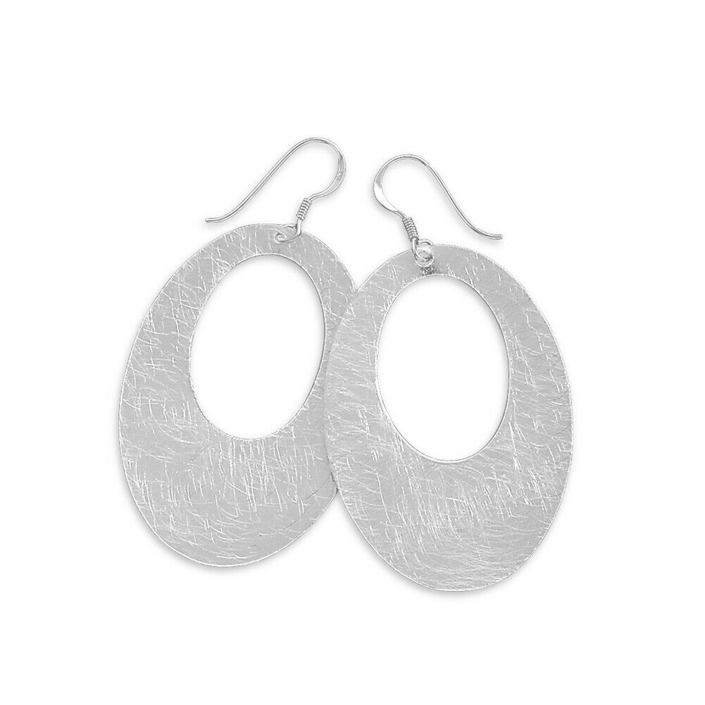 Sterling Silver Open Oval Dangle Earrings with Swirl Scratch Brushed Finish