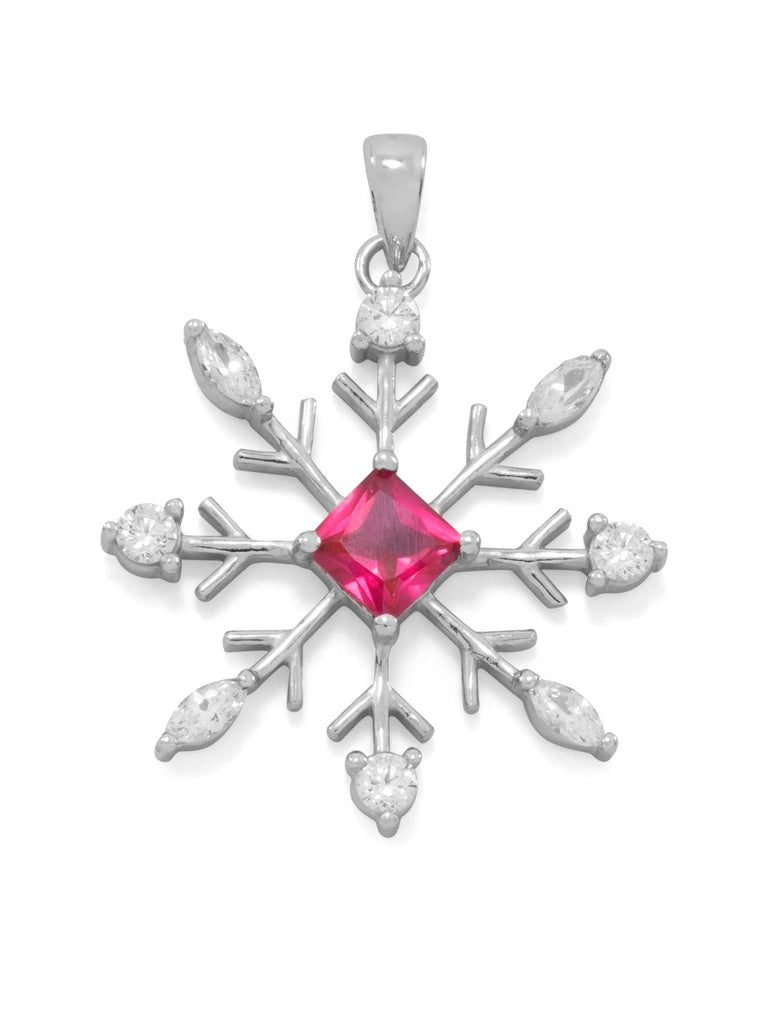 Snowflake Pendant with red and Clear Cubic Zirconia Rhodium on Silver