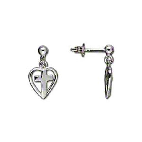 Heart with Cross Post Stud Dangle Earrings Sterling Silver