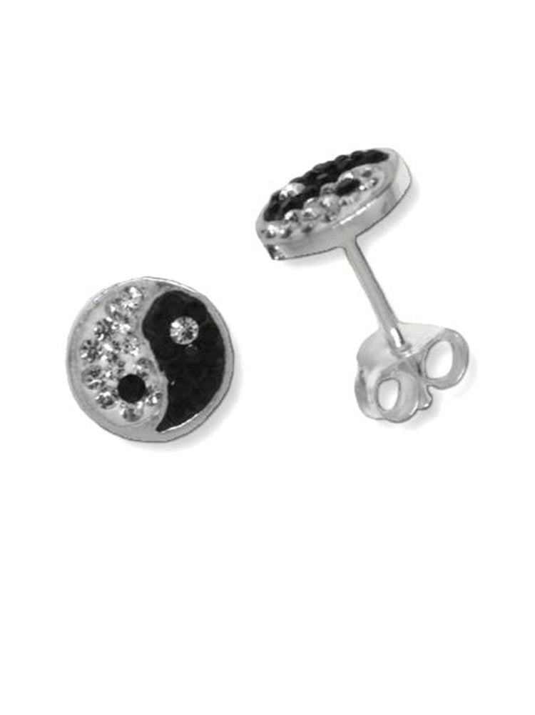 Yin Yang Post Stud Earrings with Pave Crystals Sterling Silver 8mm Diameter